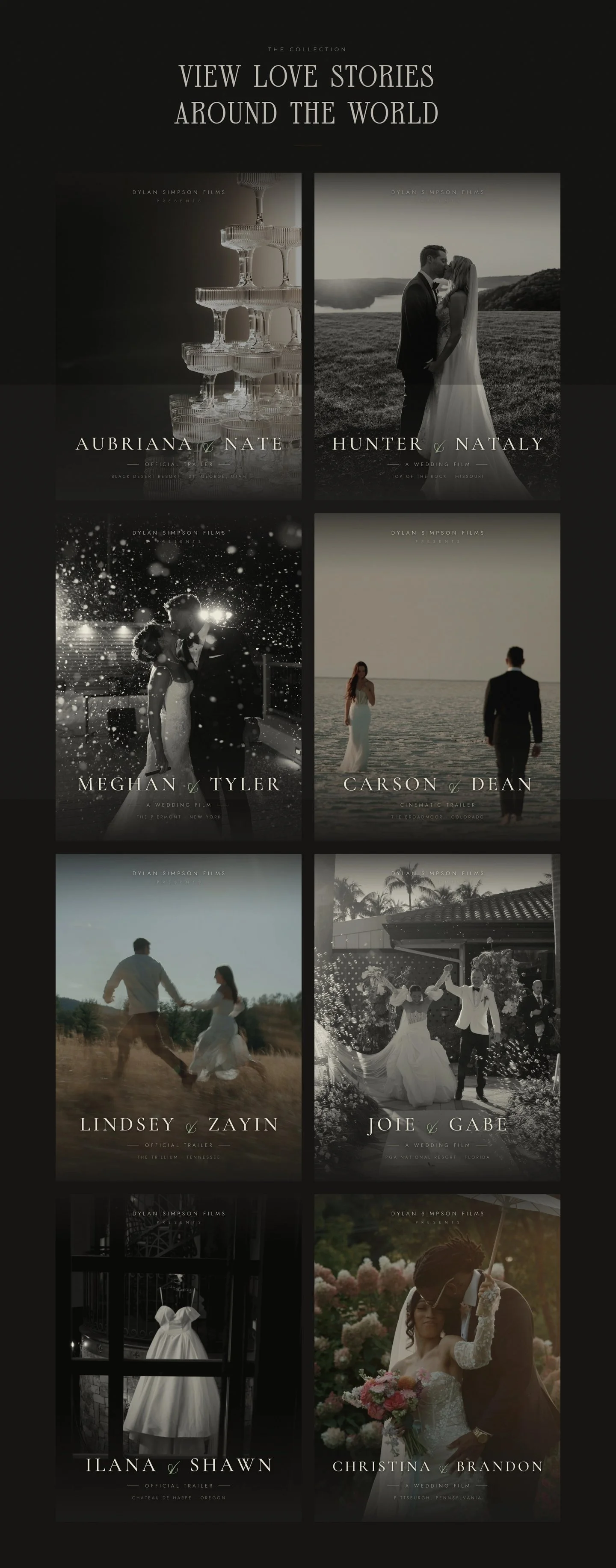 The Collection — a wall of movie posters, one for every wedding film, each generated from structured data
