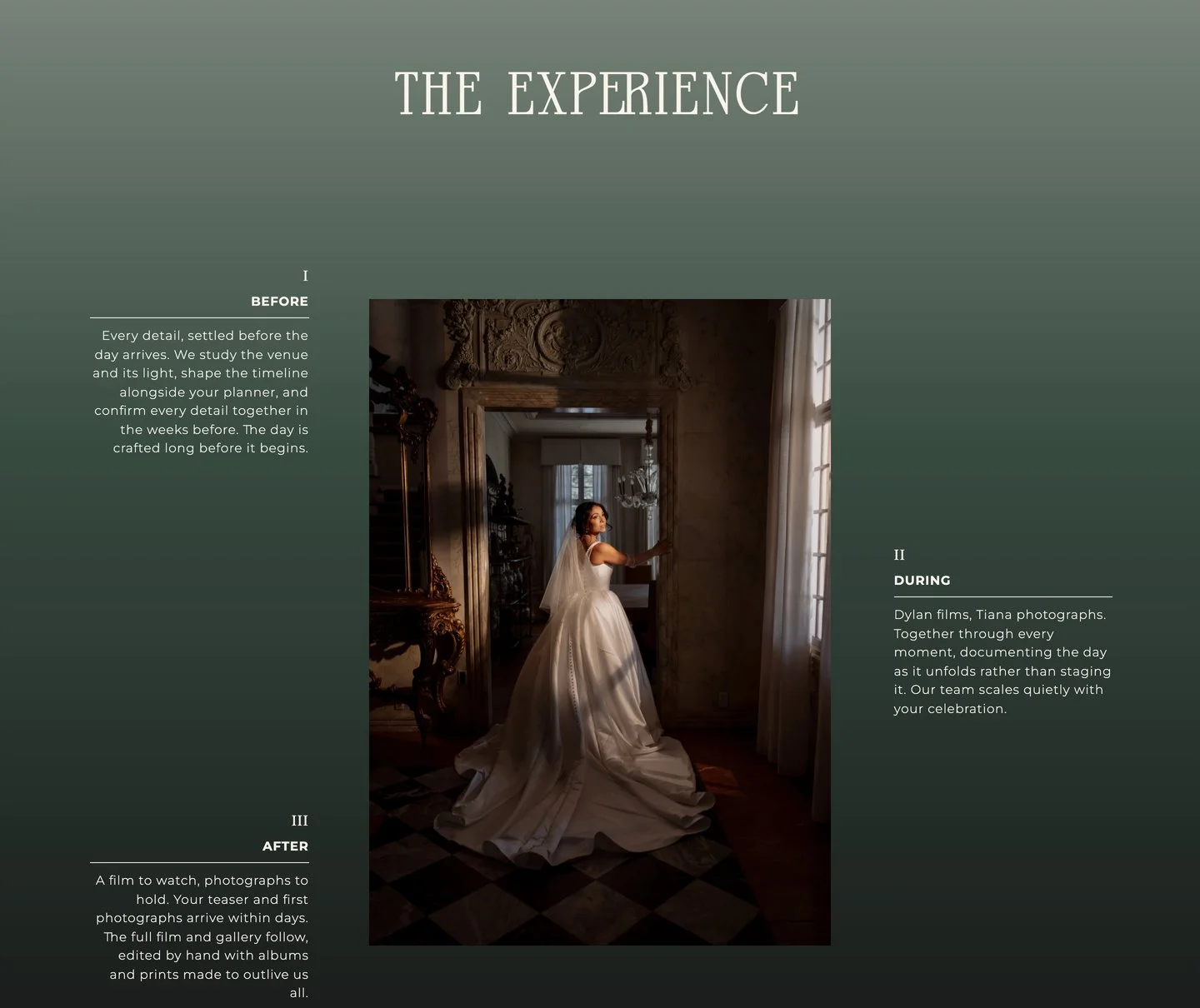 The Experience section — a three-act guide to working with the studio, before, during, and after the wedding