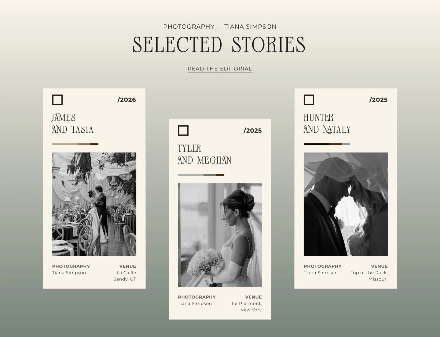 Selected Stories section — editorial photography cards with color bars sampled from each couple's gallery