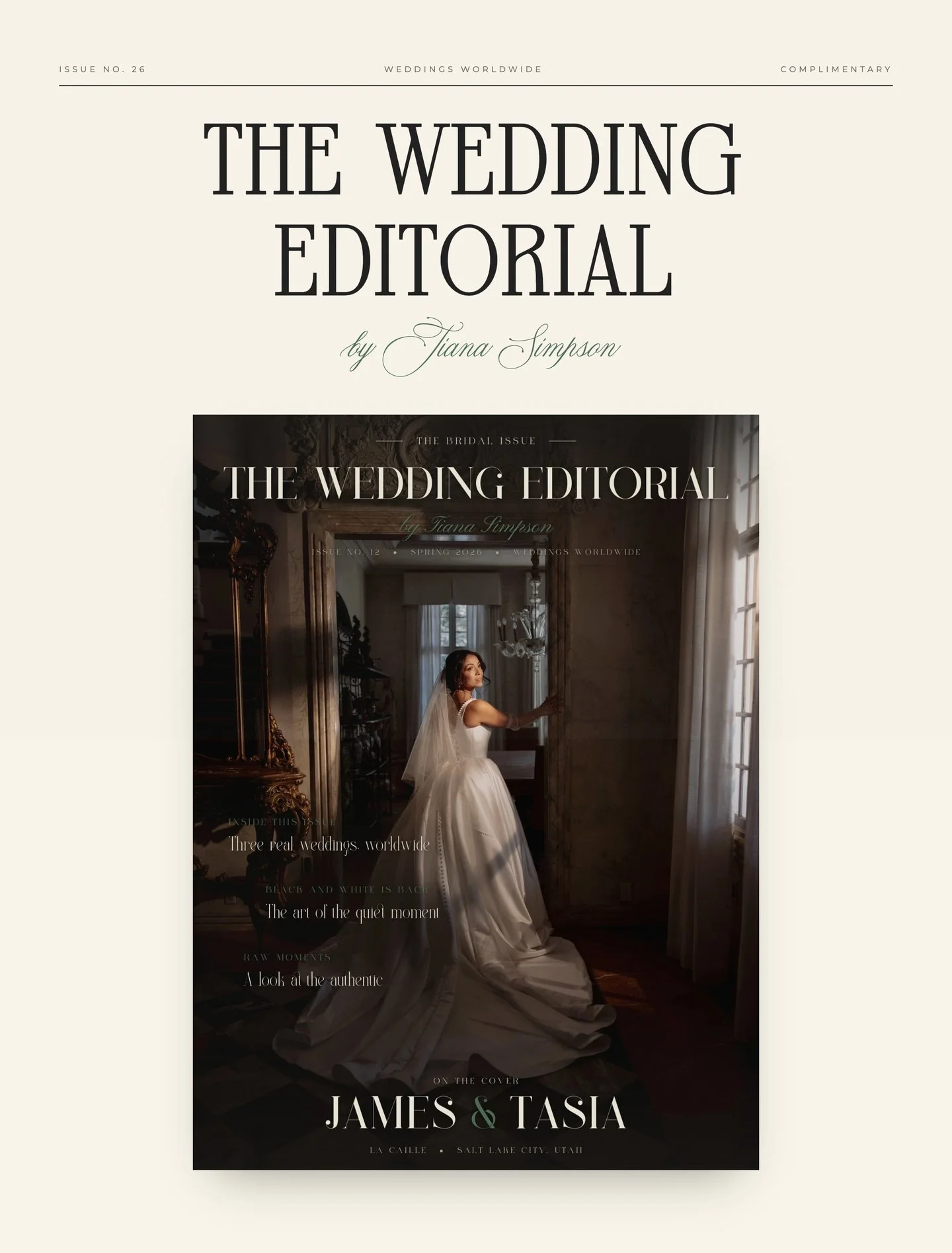 The Wedding Editorial — the photography page opens as a magazine cover with masthead and issue line