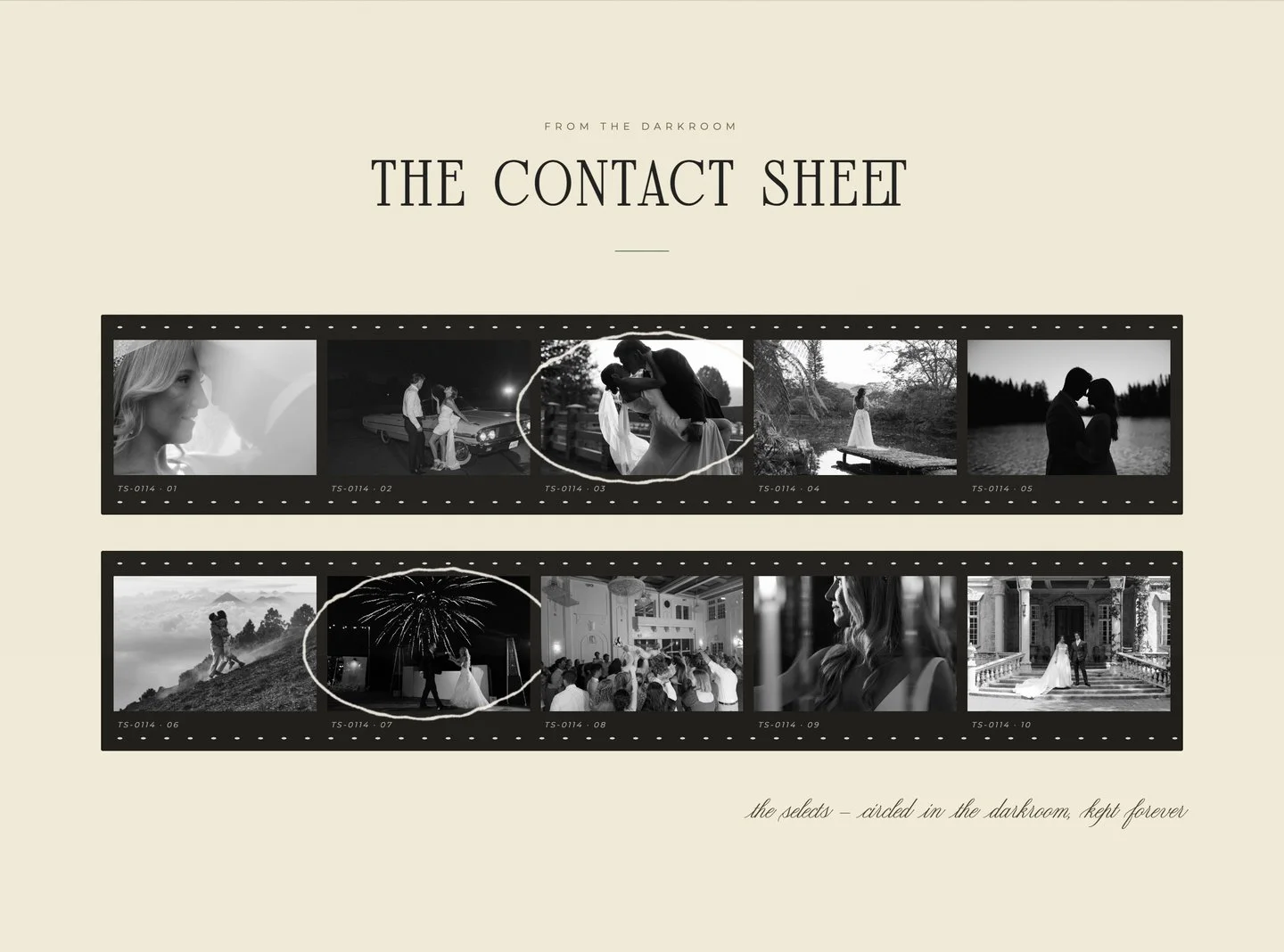 The contact sheet — black and white frames laid out like a darkroom proof, selects circled by hand