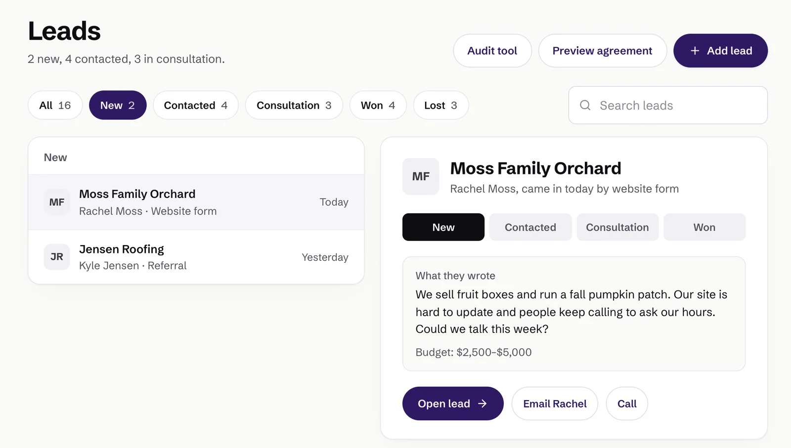 Thornwood CRM leads page with demo data: a new inquiry from an orchard showing what the owner wrote, their budget, status buttons from New to Won, and buttons to open the lead, email or call