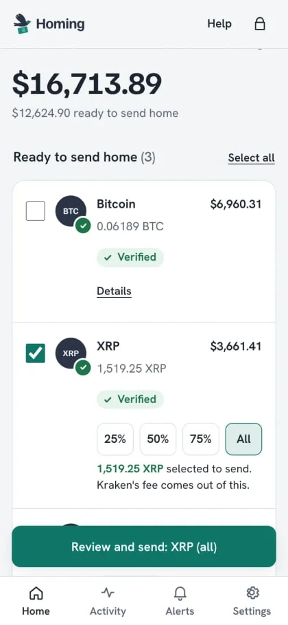 Homing’s home screen with example data: a total balance, coins ready to send home marked Verified, and a Review and send button