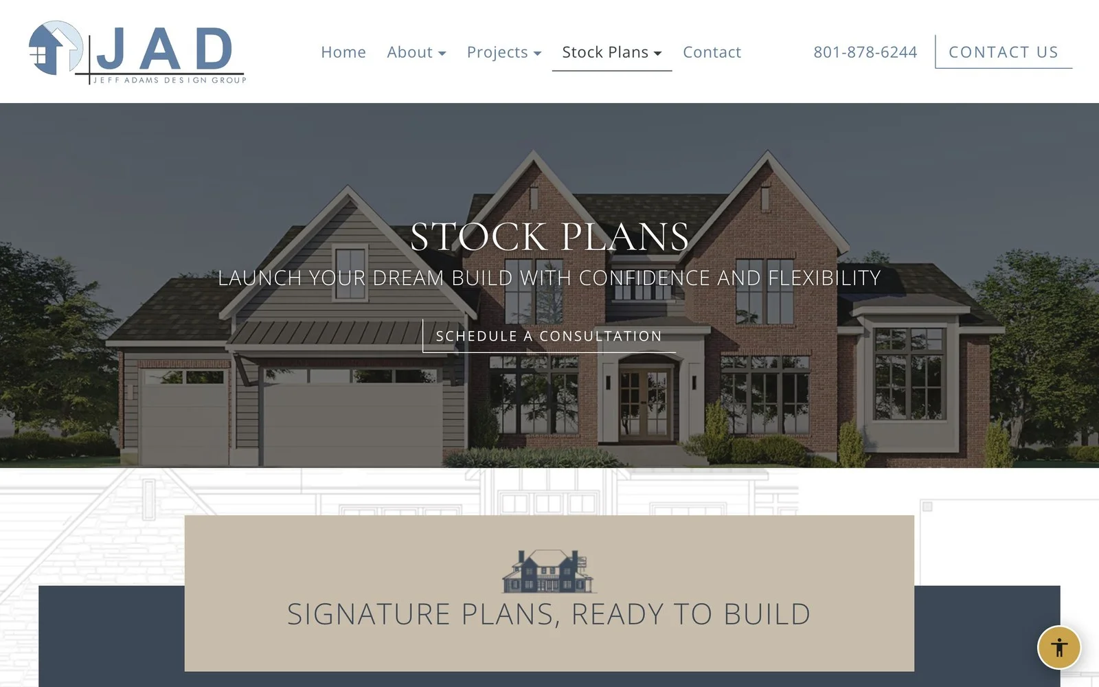 The public Stock Plans page on the Jeff Adams Design Group website, with a brick and siding two-story home under the heading Stock Plans and a Schedule a consultation button