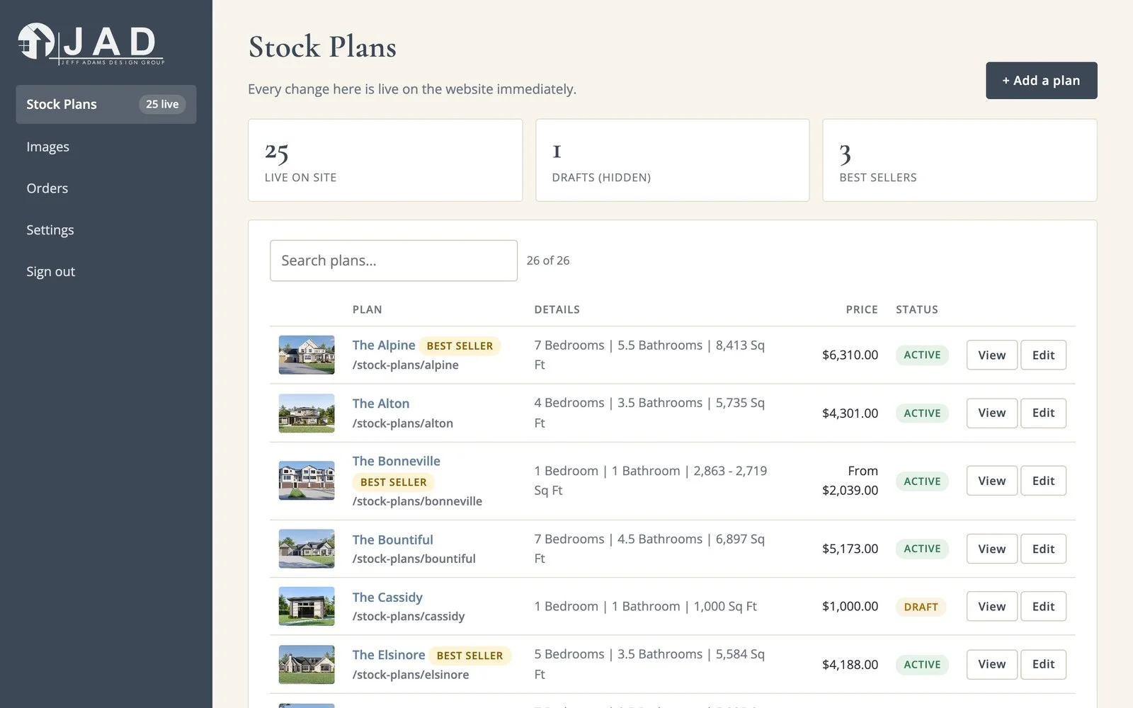Jeff Adams Design Group Plan Manager: a list of stock house plans with a photo, bedrooms, bathrooms and square footage, price and a live or draft status for each, with View and Edit buttons and an Add a plan button