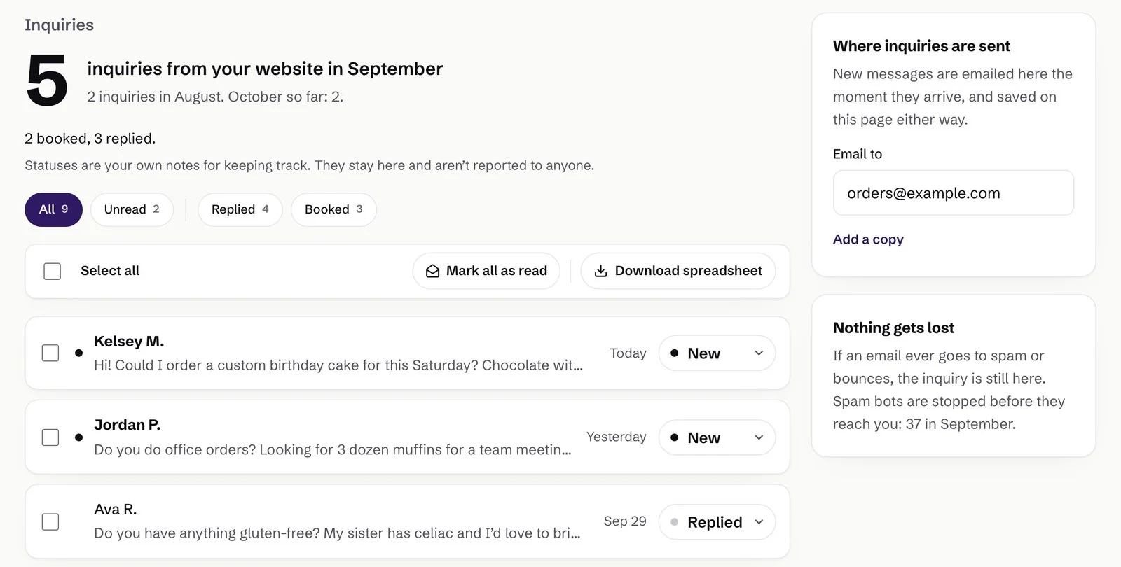 Client portal inquiries page: 5 inquiries from the website in September, filter buttons for unread, replied and booked, and a list of customer messages, each with a status menu set to New, Replied or Booked