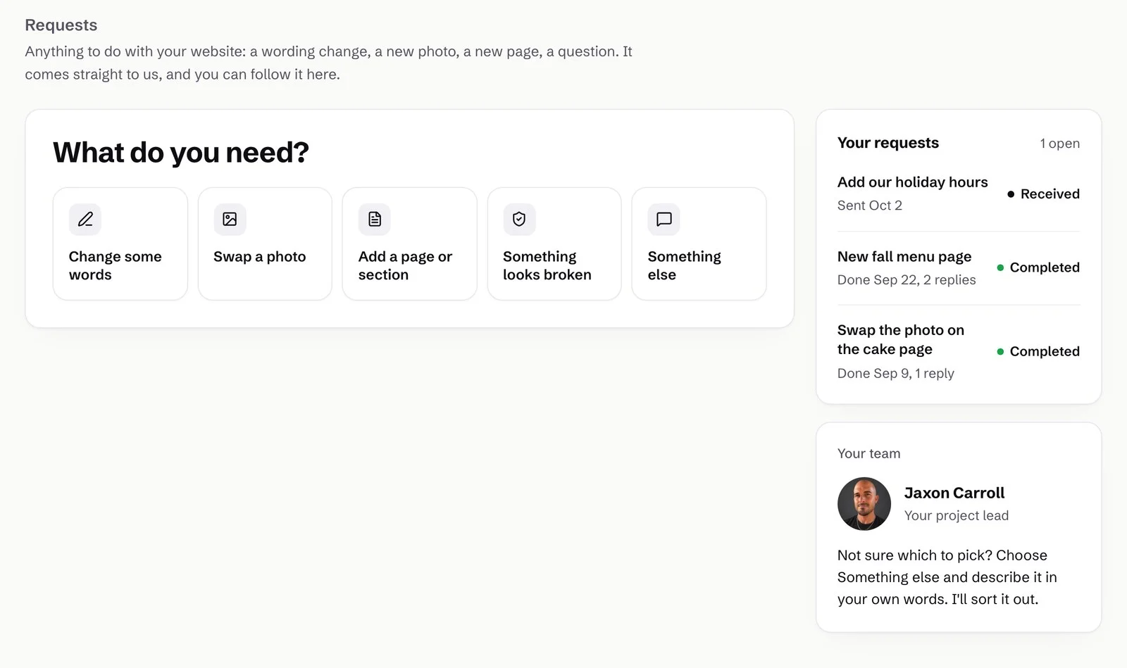 Client portal requests page asking What do you need?, with five choices: change some words, swap a photo, add a page or section, something looks broken, or something else, next to a list of past requests marked Received or Completed