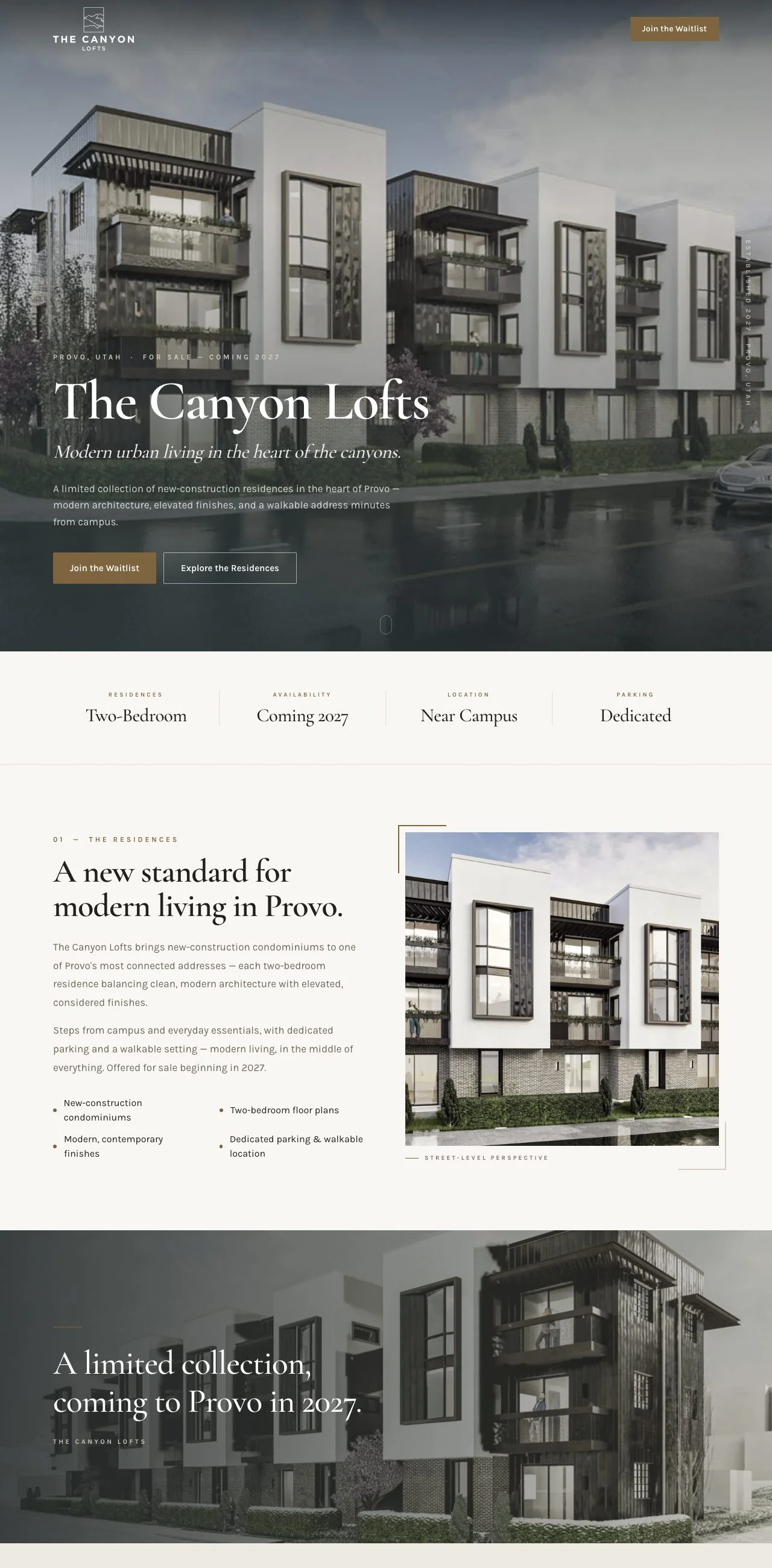 The Canyon Lofts website — custom web design for a Provo condo development by Thornwood Digital
