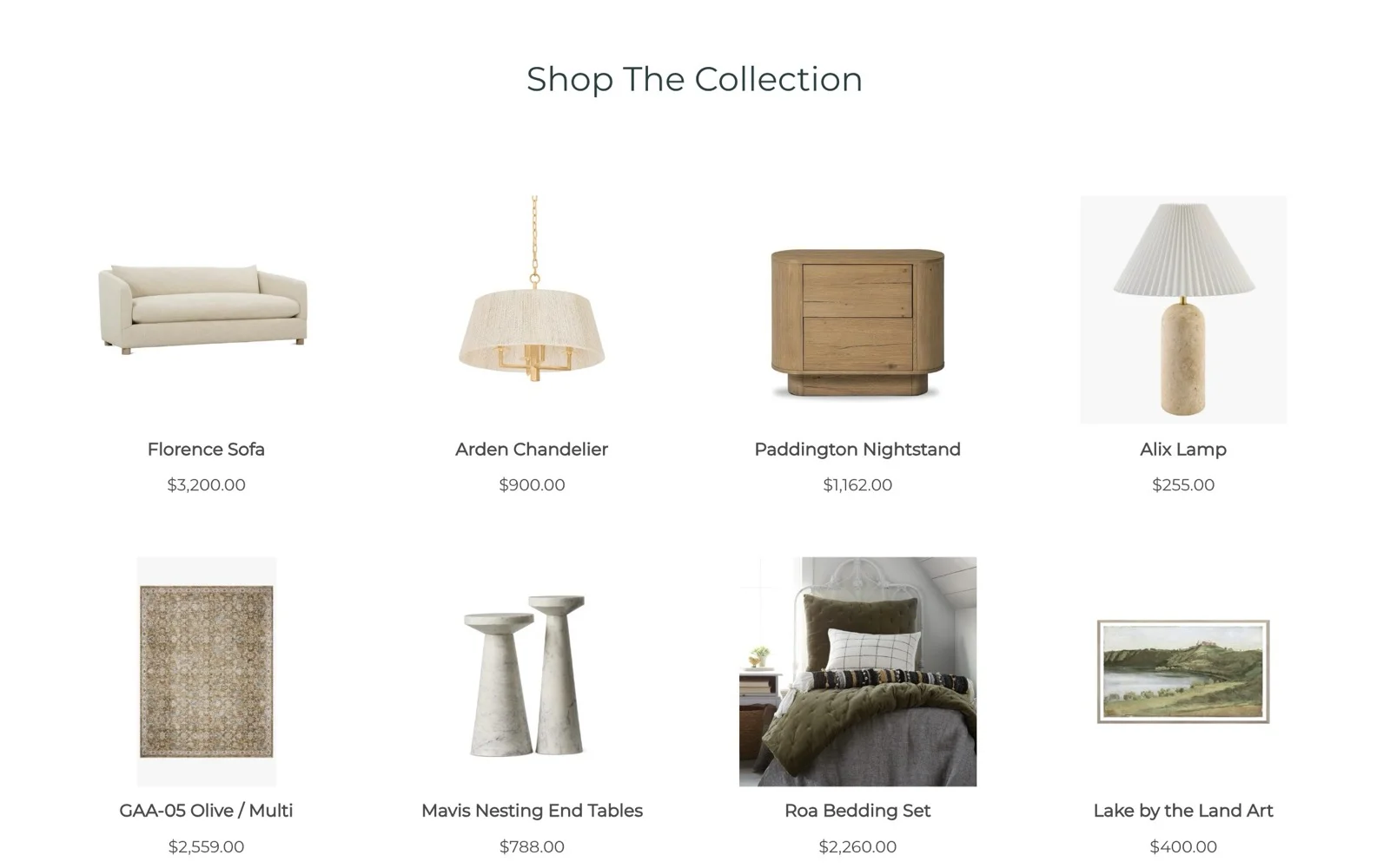 Four Chairs Furniture + Design: a Shop The Collection grid of a sofa, lighting, a nightstand and decor with prices, sold on 4-chairs.com through Shopify buy buttons