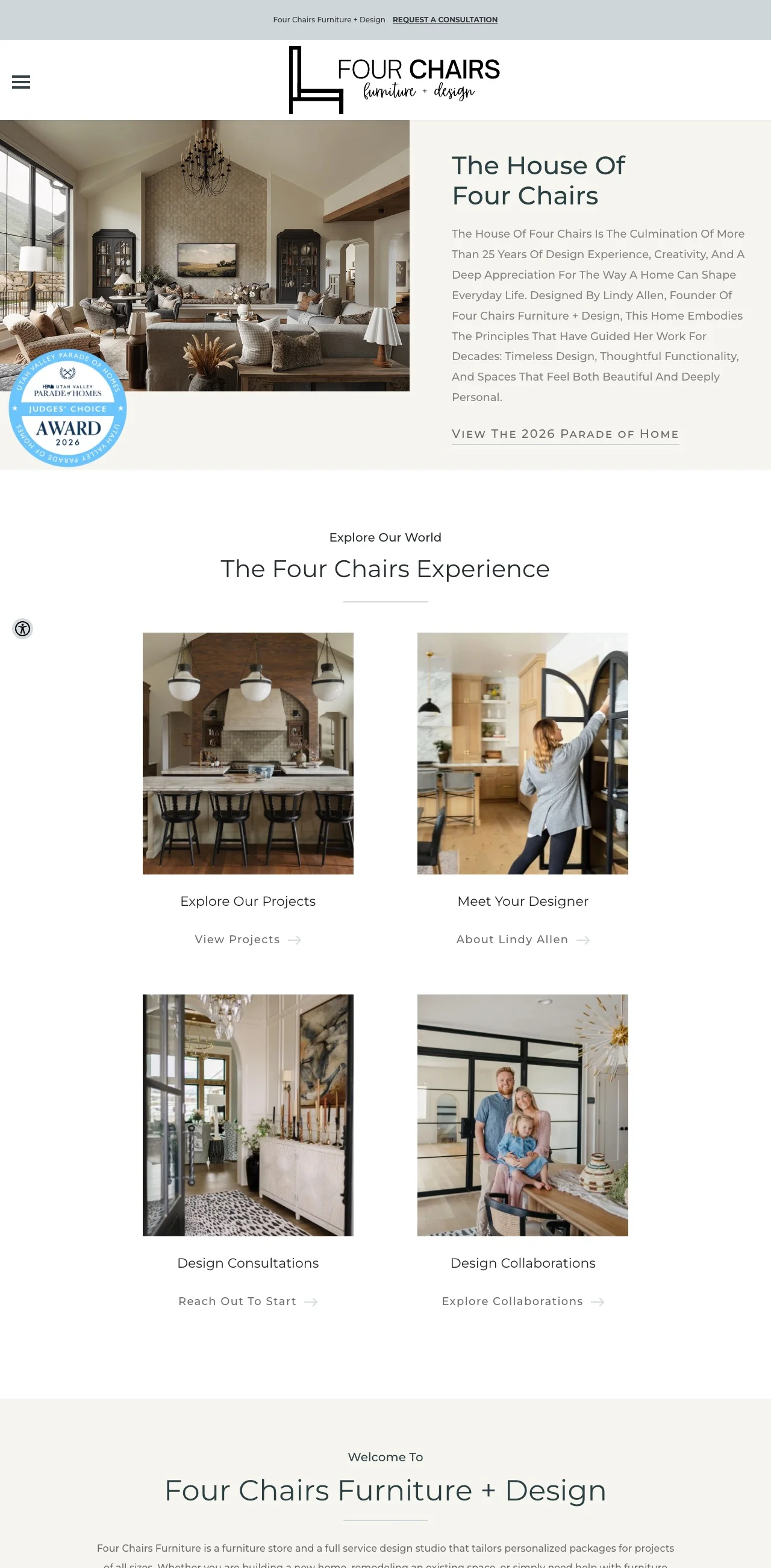 Four Chairs Furniture + Design website, designed and built by Thornwood Digital