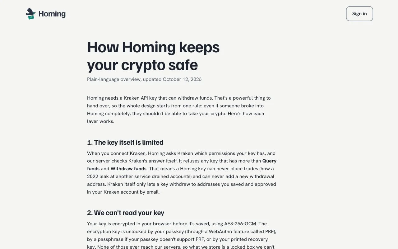 Homing’s security page, How Homing keeps your crypto safe, a web app built by Thornwood Digital