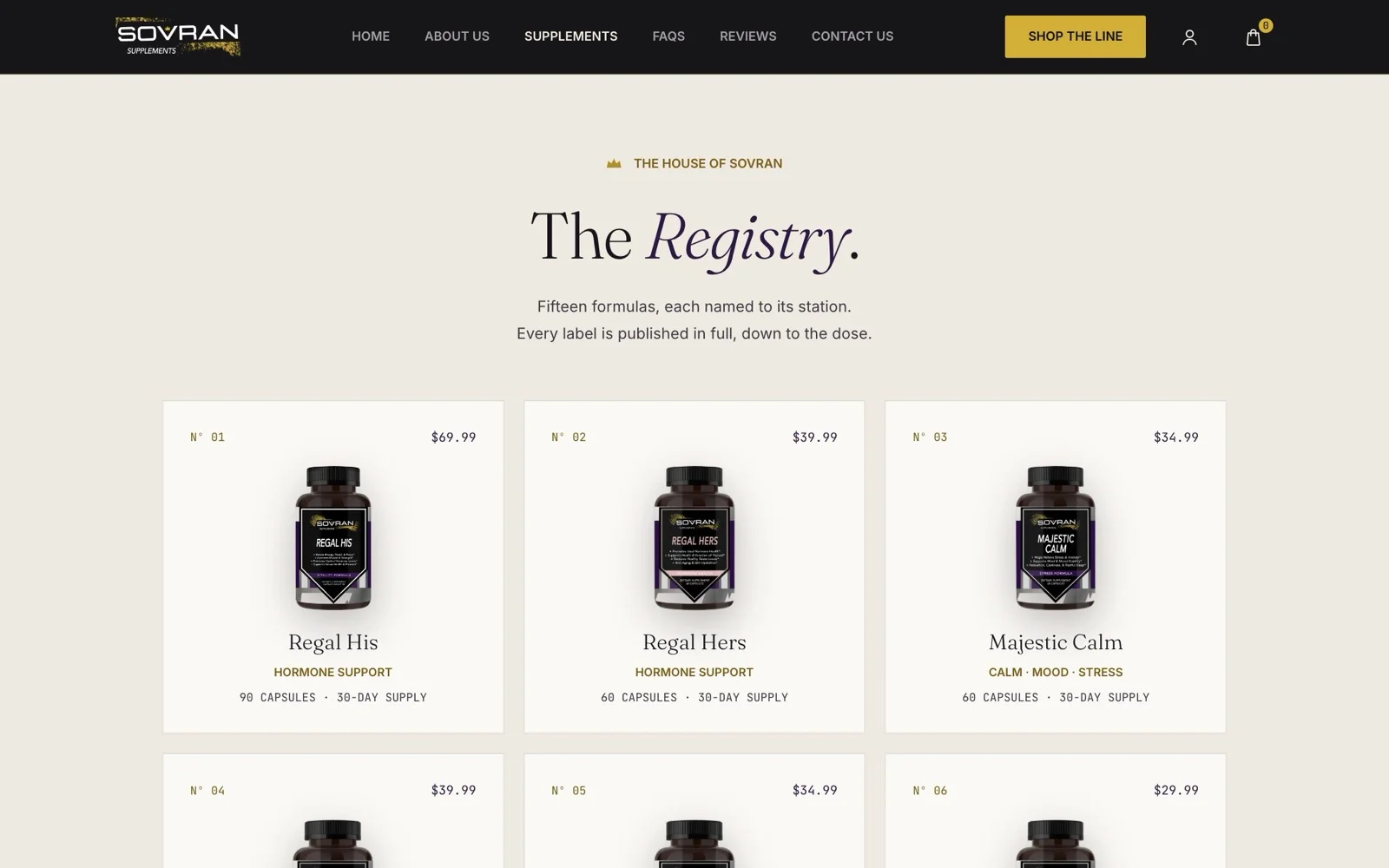 SOVRAN Supplements’ Registry page on the custom Shopify theme Thornwood Digital built: fifteen formulas, each card with its bottle, price and supply