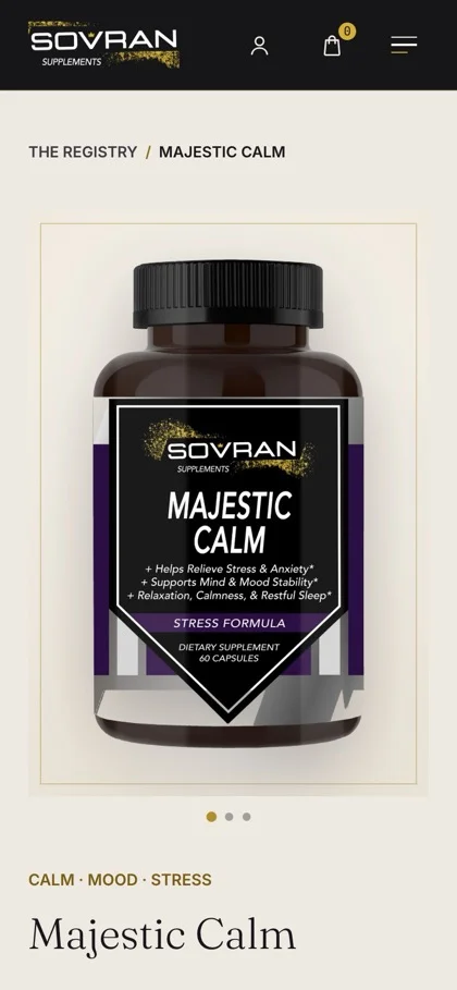 The same SOVRAN store on a phone: the Majestic Calm product page