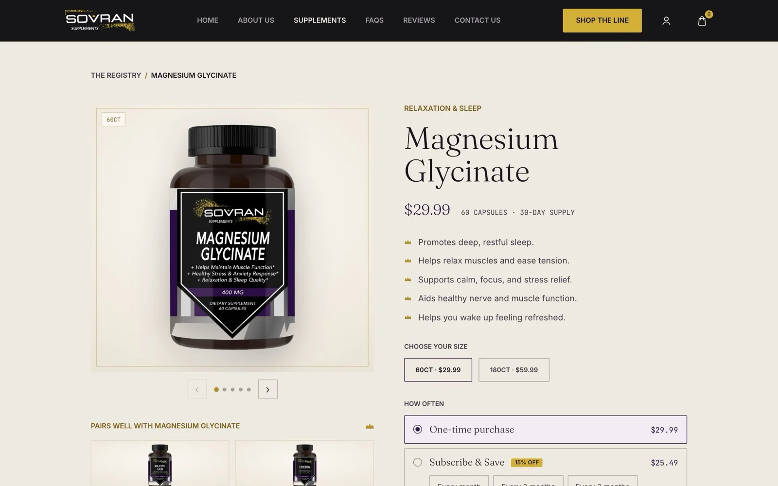 SOVRAN Supplements product page for Magnesium Glycinate on the custom Shopify theme Thornwood Digital built: the bottle, price, benefits and size choices